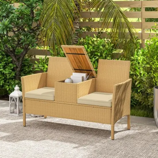 Outsunny Rattan Patio Loveseat with Built-in Flip-Top Coffee Table, Outdoor Wicker Sofa with Cushions for Balcony, Garden, Lawn, Backyard, Khaki image {1}