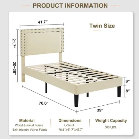 VECELO Velvet Upholstered Platform Bed Frame with Adjustable Headboard, Sturdy Wood Slats & Metal Support, No Box Spring Needed, Twin/Full/Queen Size image {2}