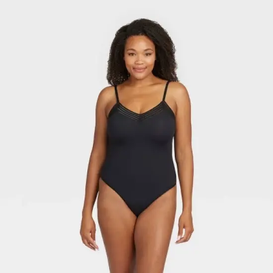 ASSETS by SPANX Women's Lace Trim Thong Bodysuit - Black image {1}