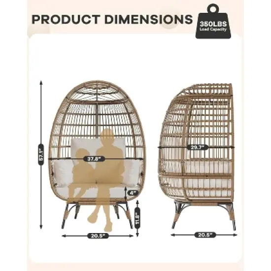 Oversize Rattan Egg Chair Outdoor Wicker Patio Lounge Chairs with Steel Frame Stand and 4 Cushions for Patio, Porch, Backyard, living rooms, Beige image {1}