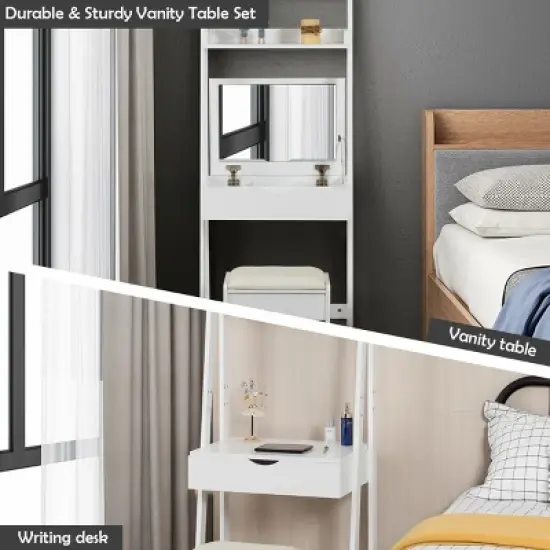 Costway Vanity Set Makeup Dressing Table w/Flip Top Mirror Hooks Shelves image {4}