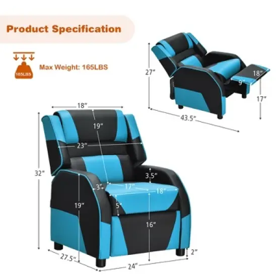 Costway Kids Youth Gaming Sofa Recliner w/Headrest & Footrest PU Leather Yellow\White\Blue\Pink image {9}