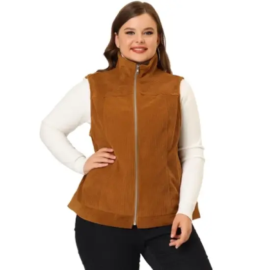 Agnes Orinda Women's Plus Size Corduroy Zipper Side Pocket Casual Sleeveless Fleece Vests image {2}