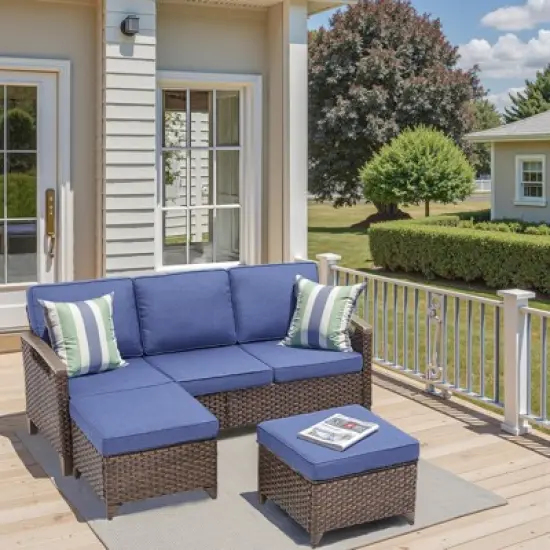 Patio Furniture Set, Outdoor Wicker Sofa Couch with Metal Armrest, Swivel Rocking Chairs, Ottomans, All-Weather Conversation Set for Garden image {10}