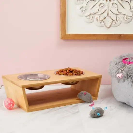 Zodaca 3 Piece Cat and Dog Pet Food Bowl set, Elevated Bamboo Stand, 2 Bowls, 4.5 x 13 In image {1}