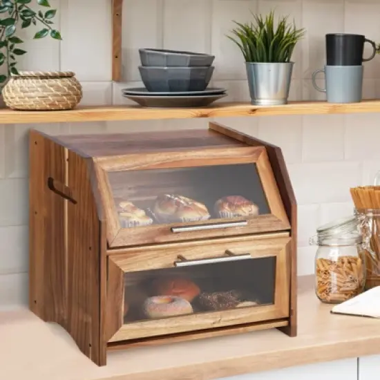Bread Box, Double Layer Acacia Wooden Bread Bin with Clear Acrylic Door Panel, Air Vents, Countertop Bread Container, Rustic Brown Bread Holder image {7}