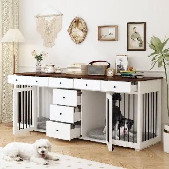 Famapy Large Dog Crate Furniture with Drawers Multifunctional Furniture Style Pet Crate White image {2}