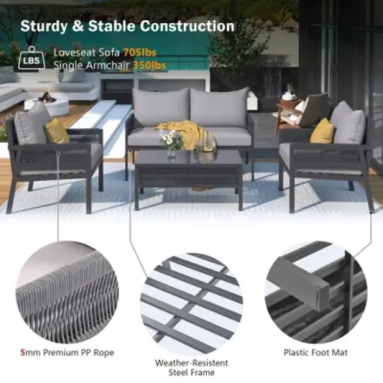 4-Piece Boho Patio Furniture Set with Handmade Rope Weave, Metal Frame, Tempered Glass Table, and Thick Cushions image {13}
