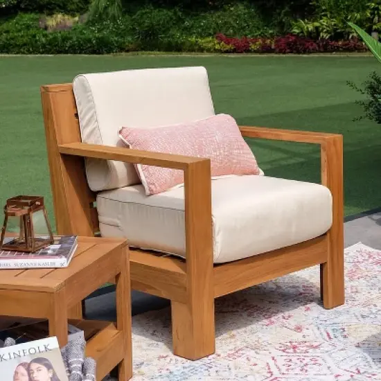 Logan Outdoor Teak Wood Lounge Chair with Sunbrella Vellum Cushion - Cambridge Casual image {2}