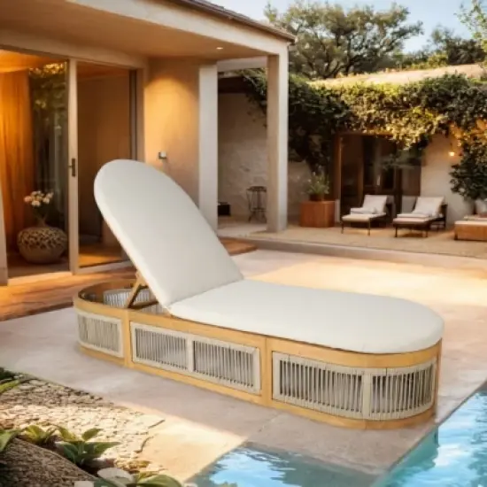 Moda Furnishings Acacia Wood Rope Weaving Patio Outdoor Reclining Chaise Lounge With Cream Cushions image {10}