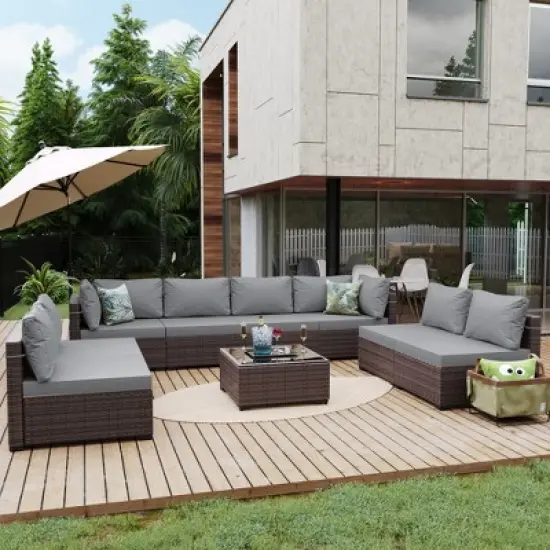 UPHA 9-Piece Rattan Patio Sofa Conversation Set with Cushions image {13}