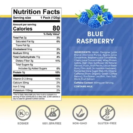 Designer Wellness Energy Smoothie, Real Fruit, 100mg Natural Caffeine, 5g Protein, Low Carb, Zero Added Sugar, Gluten-Free, Blue Raspberry, 12 Count image {5}