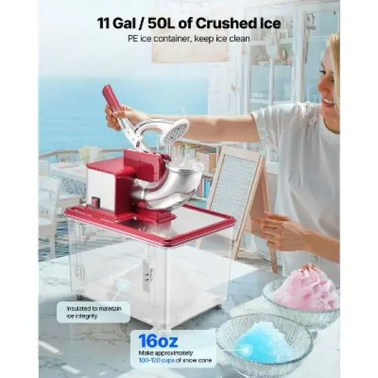 VEVOR Commercial Ice Crusher 661LBS/H, 350W Electric Snow Cone Machine with 4 Blades, 2000RPM Stainless Steel Shaved Ice Machine, Red image {3}
