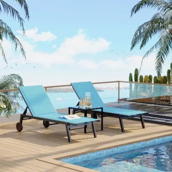 3 Piece Outdoor Chaise Lounge Chair Set, Patio Pool Chairs with Backrest, Wheels, Outdoor Furniture with Side Table for Deck, Garden, Beach image {8}