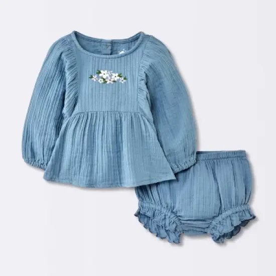Baby Girls' 2pc Embroidered Floral Gauze Top & Bottom Set - Cloud Island&trade; Blue image {4}
