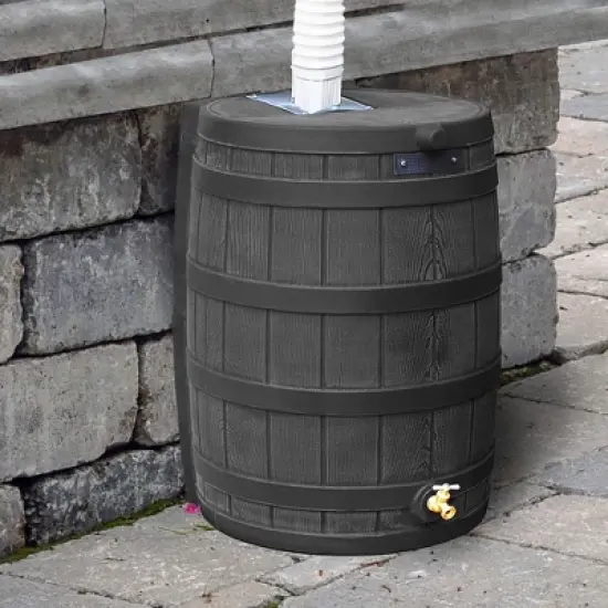 Good Ideas Rain Wizard 50 Gallon Plastic Outdoor Home Rain Barrel Water Storage Collector with Brass Spigot and Flat Back Design, Oak (3 Pack) image {4}