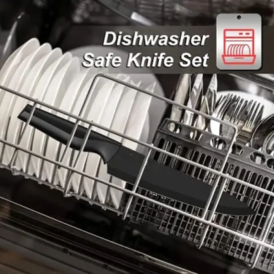 Itopfox 21-Piece Kitchen Knife Set with Block, Dishwasher Safe German Stainless Steel Knives with Built-in Sharpener, Black Knife Block Set image {4}