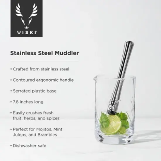 Viski Stainless Steel Muddler, Essential Bar Tools & Accessories, Craft Cocktail Accessories, 7.8 Inches, Silver Finish image {1}