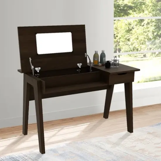 Costway Vanity Table with Flip Mirror Writing Computer Desk Storage Drawer Walnut image {8}