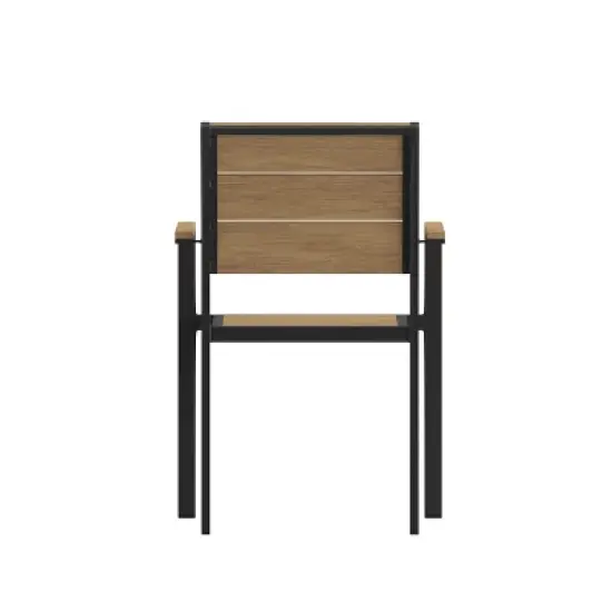Emma and Oliver Outdoor Stacking Side Chair with Faux Teak Poly Slat Seat, Back and Arms and Metal Frame image {8}