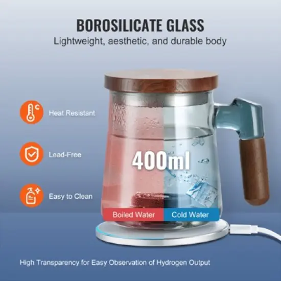 VEVOR Hydrogen Water Cup, 400 ml / 14.1 oz Hydrogen Generator, SPE Technology Portable Hydrogen Water Ionizer Machine with Wireless Charging Base image {4}