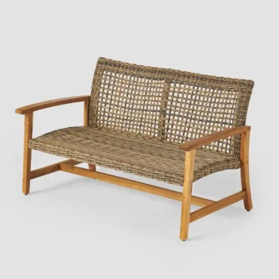 2pc Hampton Wood and Wicker Patio Loveseat and Coffee Table Set Gray - Christopher Knight Home image {2}