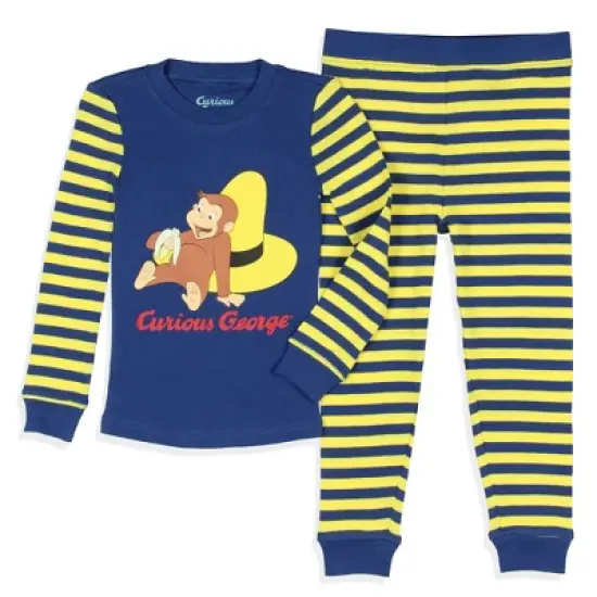 Curious George Toddler Boys' Tight Fit Striped Sleep Pajama Set Long Sleeves Blue image {4}
