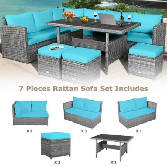 Tangkula 7PCS Rattan Patio Sectional Sofa Set Conversation Set w/ Turquoise Cushions image {6}