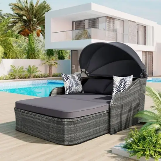 Mshliw 79.9" Outdoor Sun Lounger with Adjustable Canopy, Curved Armrests, and Pillows &ndash; PE Rattan Daybed for Patio, Deck, or Garden image {3}