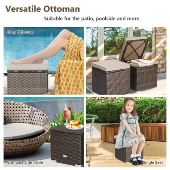 Costway 2PCS Patio Rattan Ottomans Seat Side Table Storage Box Footstool with Cushions Red/Grey/Black image {6}