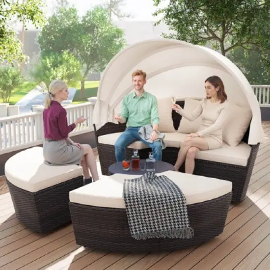 Costway Patio Round Daybed PE Rattan Cushioned Sectional Seating with Retractable Canopy image {4}