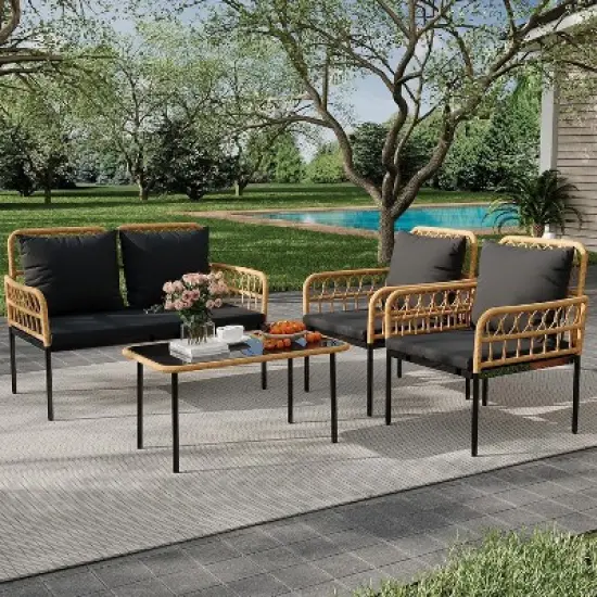 4-Piece Patio Set,Outdoor Wicker Chairs with Glass Table & Cushions,Modern Rattan Bistro Set for Porch,Garden,Balcony image {6}