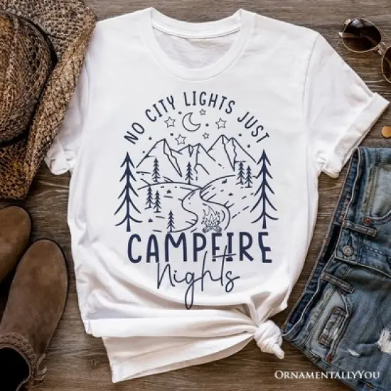 No City Lights Just Campfire Nights T-Shirt, White and Natural Camping Tee for Stargazing Campers| OrnamentallyYou image {5}