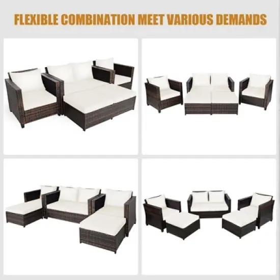 Costway 5PCS Patio Rattan Furniture Set Loveseat Sofa Ottoman Cushioned Red\White image {5}