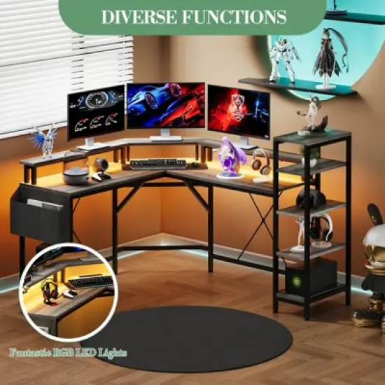 61 Inch l-Shaped Gaming Desk, Ergonomic Computer Desk, with 5-Tier Shelves, LED, Power Outlet & Storage Bag, Corner Computer Table, for Home Office image {6}