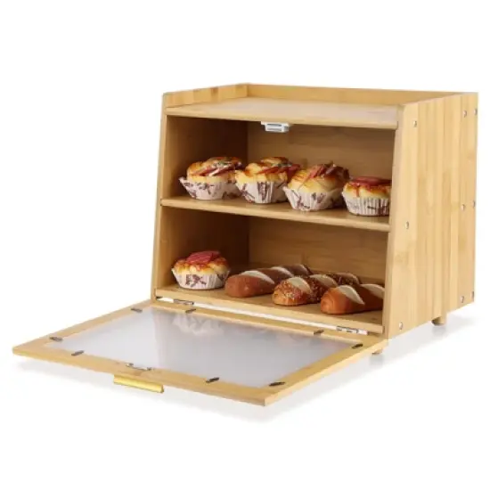 Farmhouse Style Bamboo Bread Box - 2-Tier Storage with Clear Door & Non-Slip Base - Rustic Kitchen Countertop Organizer image {3}