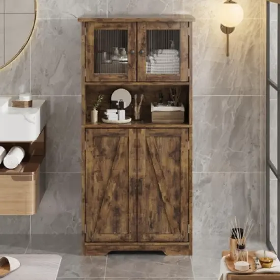 Kitchen Pantry Cabinets with Glass Doors and Adjustable Shelves, 54in Tall Freestanding Wooden Cupboard with Hutch image {6}