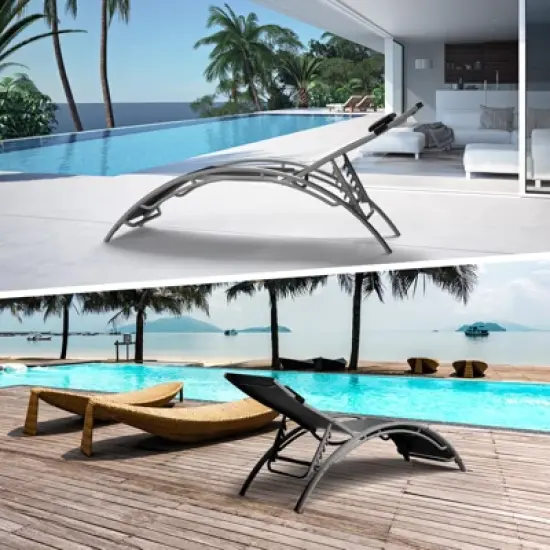 Set of 2 Beach Chaise Lounges - Aluminum Pool Lounge Chairs Adjustable Backrest for Patio, Backyard, Vacation Home, Black image {7}