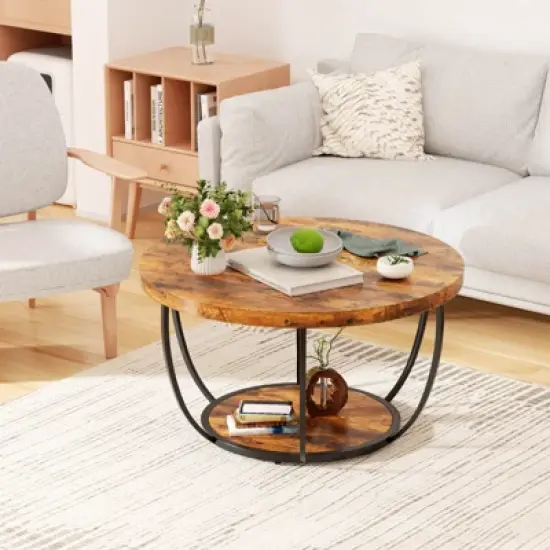 ORRD 31.5" Round 2-Tier Wood Coffee Table: Storage, Modern Accent image {7}