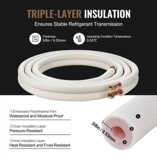 VEVOR 16FT Mini Split Line Set, 3/8" & 5/8" O.D Copper Pipes Tubing and Triple-Layer Insulation, for Air Conditioning, Black image {5}