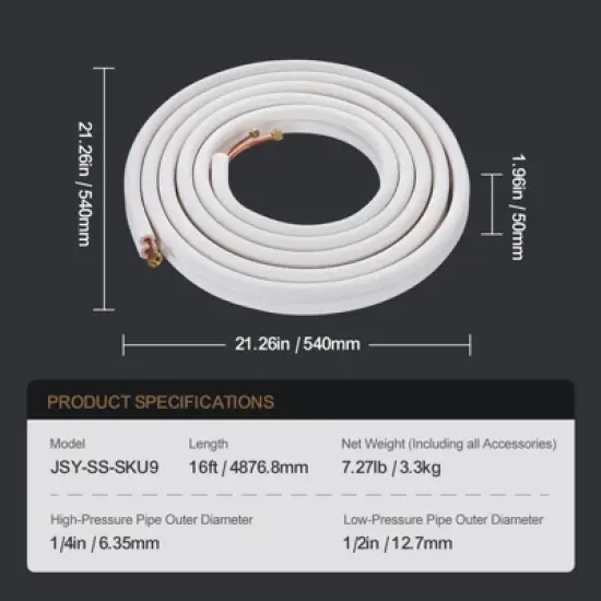 VEVOR 16FT Mini Split Line Set, 1/4" & 1/2" O.D Copper Pipes Tubing and Triple-Layer Insulation,for Air Conditioning or Heating Pump Equipment,White image {7}