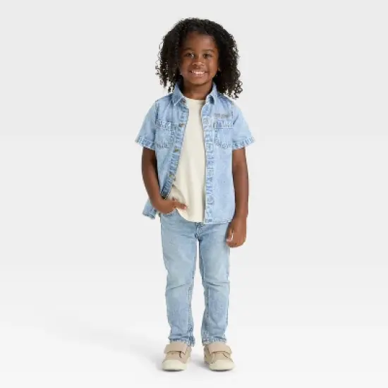 Toddler Boys' Short Sleeve Embroidered Denim Button-Up Shirt - Cat & Jack&trade; Medium Wash image {3}