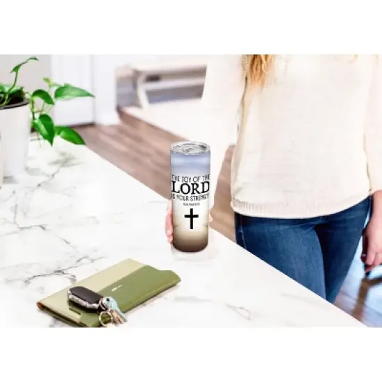Elanze Designs The Joy of the Lord Is Your Strength Nehemiah 8:10 Cross 20 ounce Stainless Steel Travel Tumbler with Lid For Your On The Go Beverages image {3}