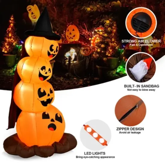 Costway 6.8FT Halloween Inflatable Pumpkin Combo Blow up Pumpkins w/ Witch&rsquo;s Hat image {6}