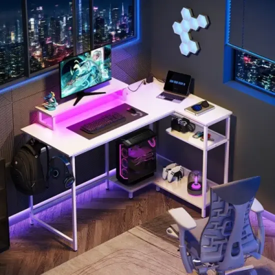 GALAXHERO 47 Inch Small L Shaped Gaming Desk, Corner Computer Desk with Power Outlets, LED Lights & Monitor Stand, Office Desk for Bedroom image {1}