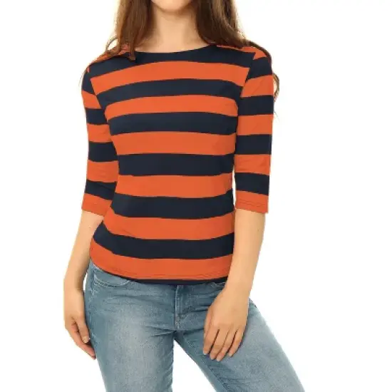 Allegra K Women's Elbow Sleeves Casual Basic Boat Neck Slim Fit T-Shirts image {17}