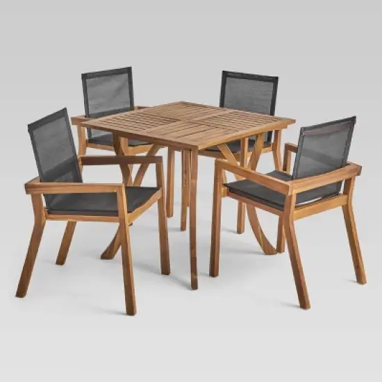 Chaucer 5pc Acacia and Mesh Dining Set - Teak/Black - Christopher Knight Home: Weather-Resistant, Square Table image {1}