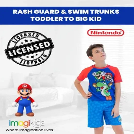 SUPER MARIO Nintendo Yoshi Luigi Mario Pullover Rash Guard and Swim Trunks with Removable Patches Outfit Set Little Kid to Big Kid image {2}