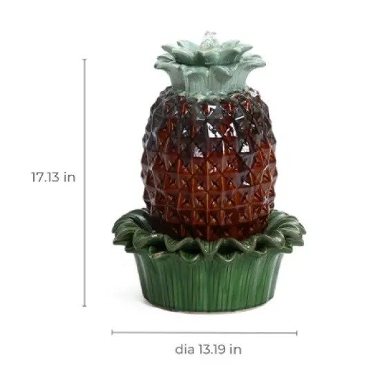 LuxenHome 17" Tabletop Ceramic Water Fountain, Pineapple Indoor and Outdoor Waterfall Fountains for Patio, Garden Decor Brown image {7}