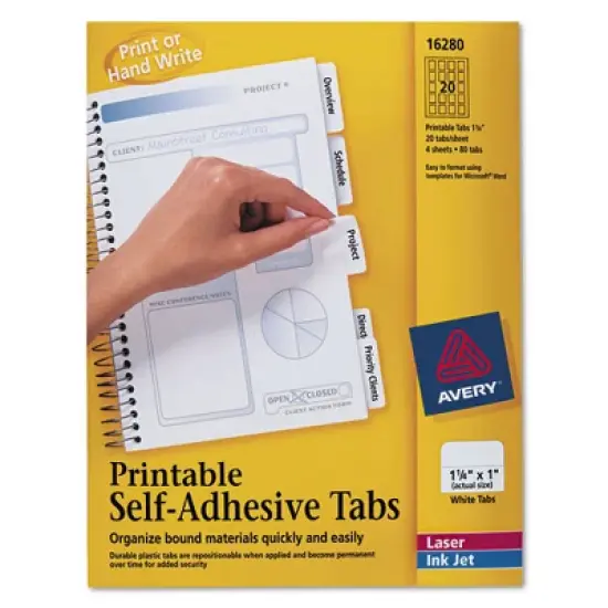 Avery Printable Plastic Tabs with Repositionable Adhesive, 1/5-Cut, White, 1.25" Wide, 96/Pack image {2}